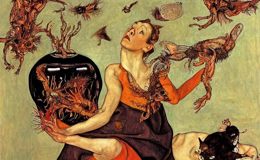Image similar to a painting of pandora opening her jar, releasing monsters and critters that impersonate sickness and death, misery, she is fully dressed, in the style of realism and a masterpiece by artemisia gentileschi and egon schiele, critters flying around, the jar is clearly visible