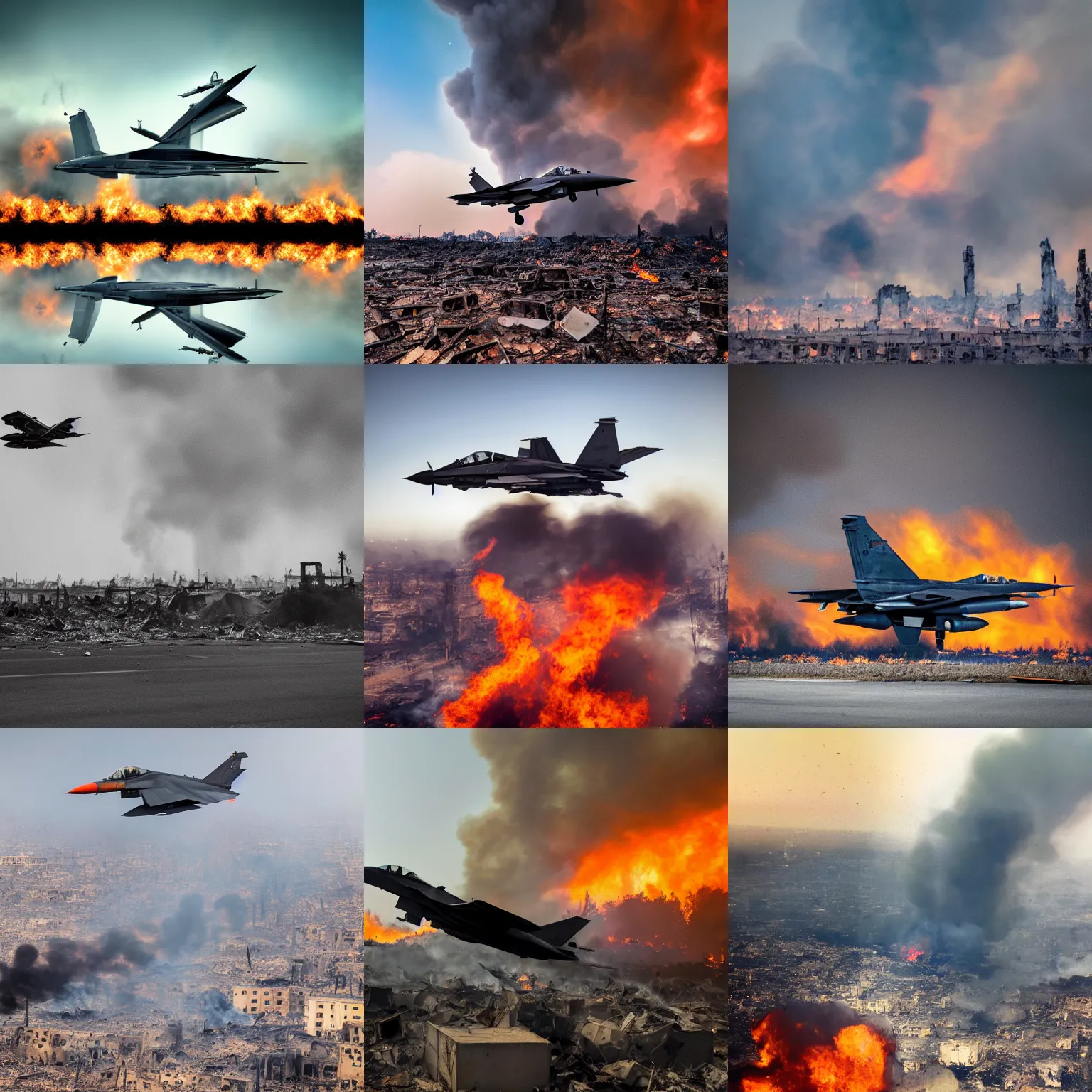 Prompt: landscape photograph of a fighter jet flying over a destroyed smoking burning city, color, reflections, motion blur, atmospheric, award winning photo, bloom