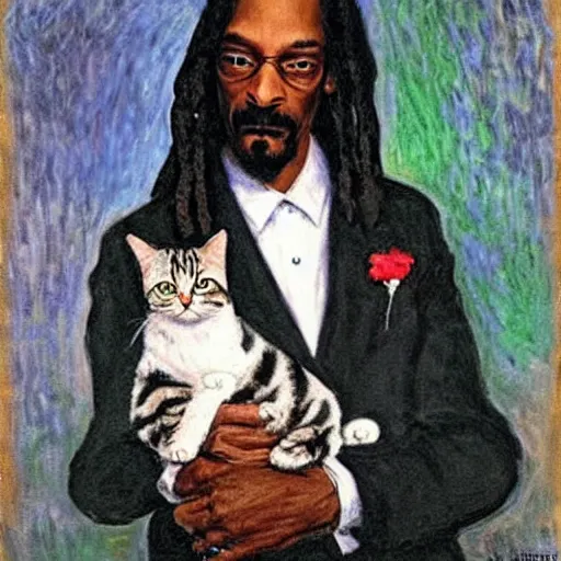 Prompt: Snoop Dogg holding a cat, by Claude Monet.