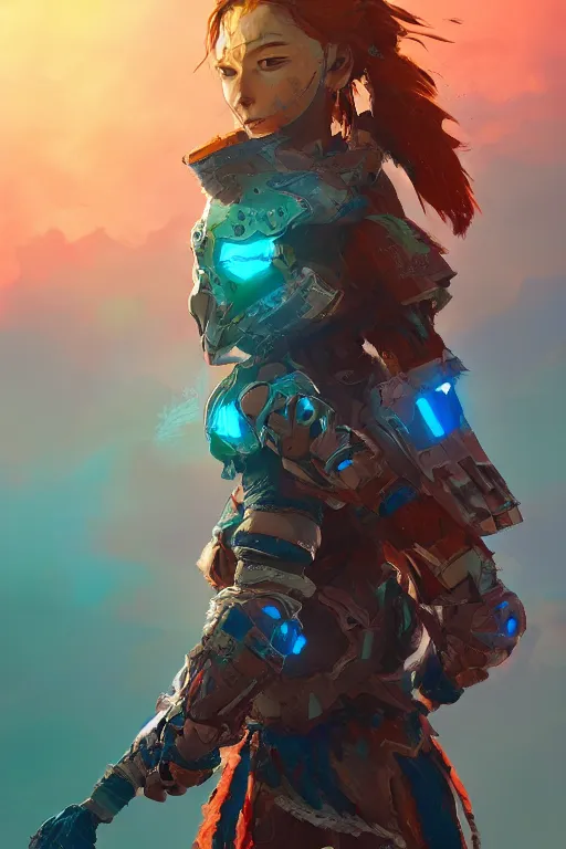 Image similar to combination suit armor aloy horizon forbidden west horizon zero dawn radiating a glowing aura global illumination ray tracing hdr fanart arstation by ian pesty and alena aenami artworks in 4 k tribal robot ninja mask helmet backpack