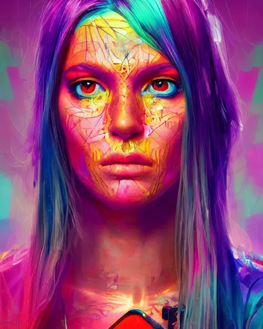 Image similar to colorful character portrait of a female hippie, set in the future 2 1 5 0 | highly detailed face | very intricate | symmetrical | professional model | cinematic lighting | award - winning | painted by mandy jurgens | pan futurism, dystopian, bold colors, cyberpunk, groovy vibe, anime aesthestic | featured on artstation