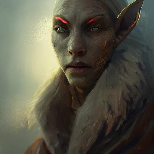 Prompt: portrait painting of an elf like humanoid with grey skin and sharp dogtooth, dark fantasy, medieval, painted, intricate, volumetric lighting, rich deep colours masterpiece, golden hour, sharp focus, ultra detailed, by ruan jia