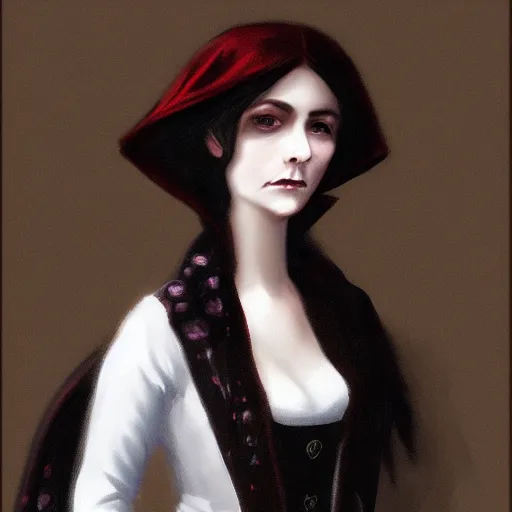 Prompt: head and shoulder professional portrait of a victorian female vampire, painted in the style of bloodborne, muted colors, vampire fashion, highly detailed, melancholy, vampire teeth