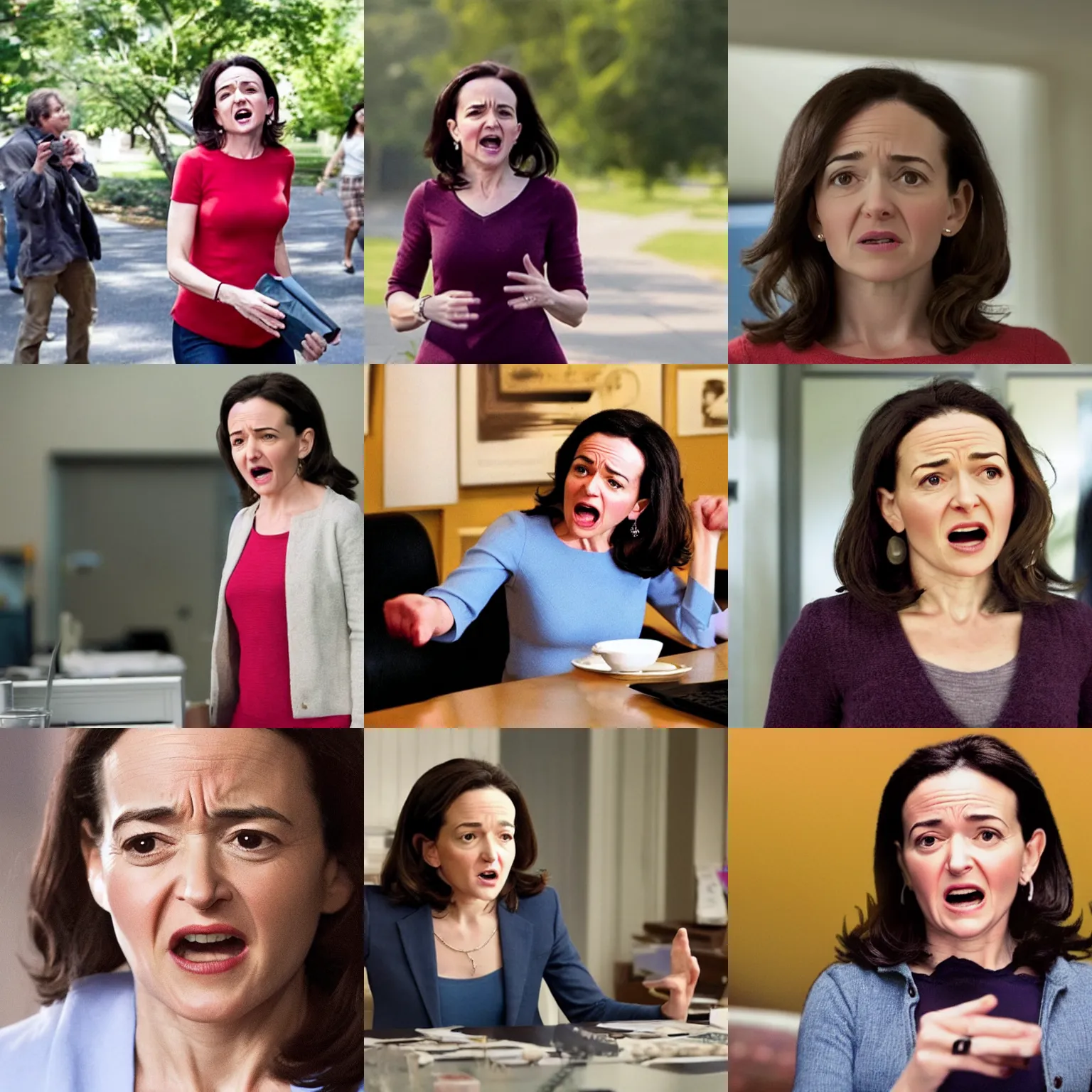 Prompt: Movie still of Sheryl Sandberg depicted as a raging angry woman in Facebook The Movie (2017), directed by Steven Spielberg