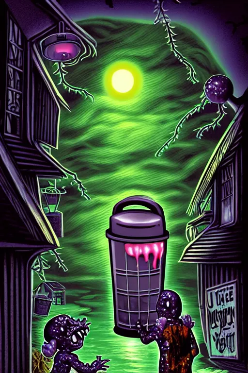 Image similar to a photorealistic vintage goosebumps cover art style illustration of a transparent jelly monster coming out of a garbage can in a dark alley way at night with moonlight casting shadows october autumn.