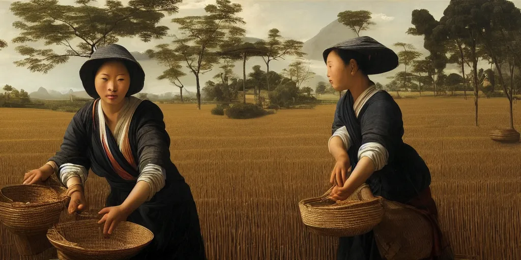 Image similar to beautiful oil matte portrait painting, vietnamese woman of an elevated rice field tending to her work, wonderful masterpiece highly detailed, beautiful cinematic light deep focus, elegant, digital painting, smooth, sharp focus, golden ratio, dramatic illumination, ultra realistic, 8 k, art by artemisia lomi gentileschi and caravaggio