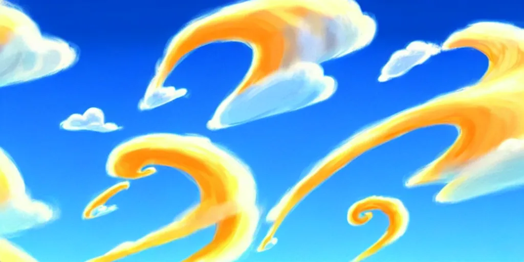 Prompt: cartoon concept art, clean blue sky, spiral clouds, from lorax movie