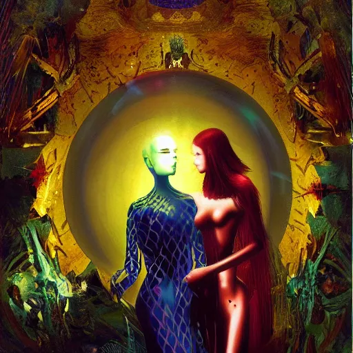 Image similar to two lovers channeling third eye energy in a dark room surrounded by a background of dark cyber mystic garden of earthly delights, midnight hour, by leon spillaert, artstation