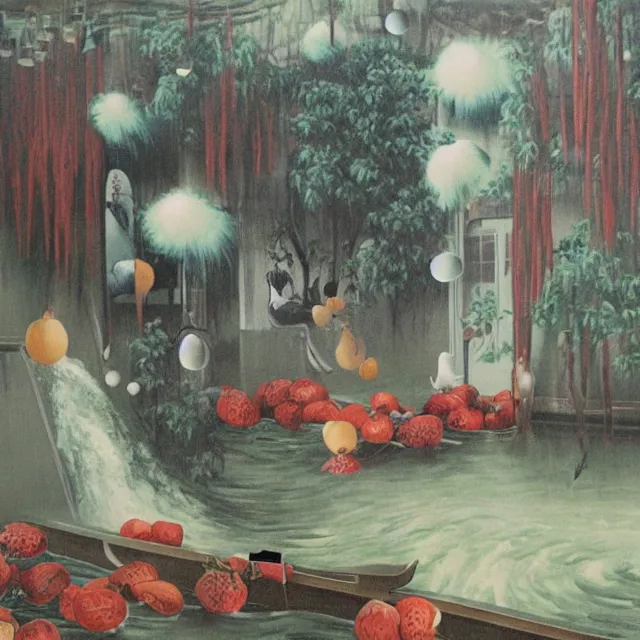 Image similar to painting of flood waters inside an apartment, tall female emo art student, a river flooding indoors, pomegranates, pigs, ikebana, water, river, rapids, waterfall, black swans, canoe, berries dripping, acrylic on canvas, surrealist, by magritte and monet