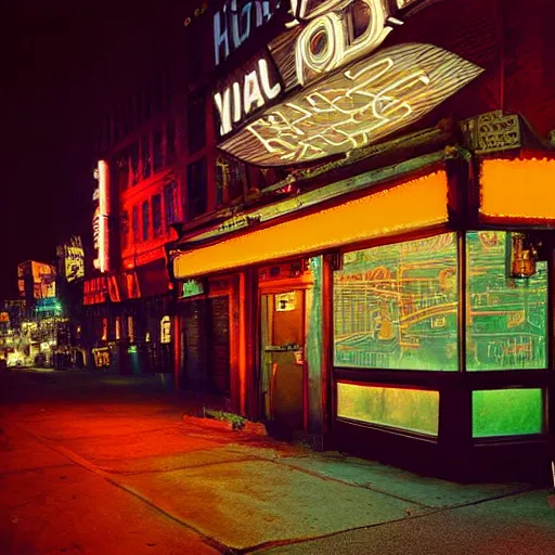 Prompt: painting of a bar exterior in old newyork with neon signs, todd hido