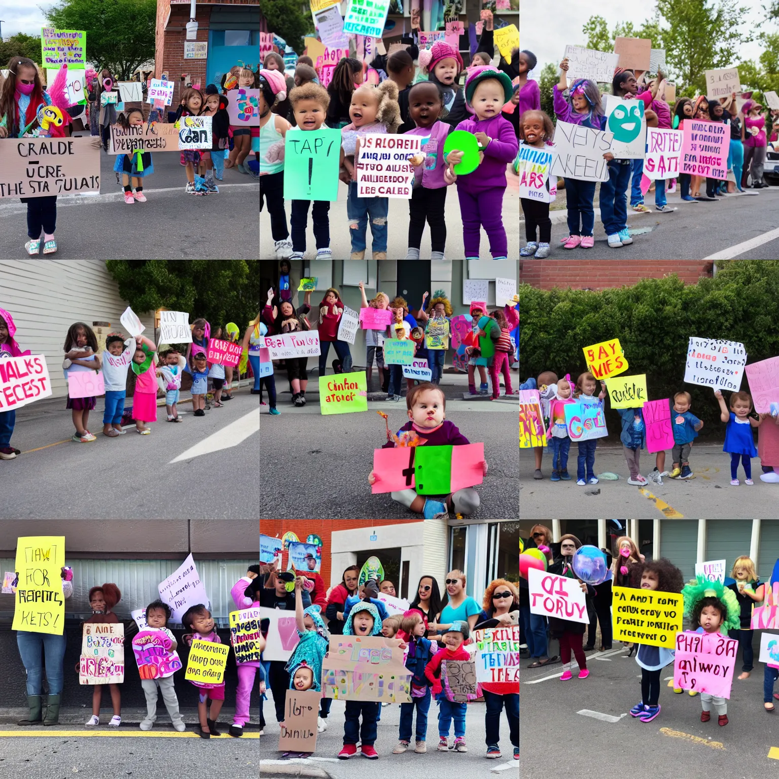 Prompt: babies protesting in front of a daycare center, high quality photography, award winning