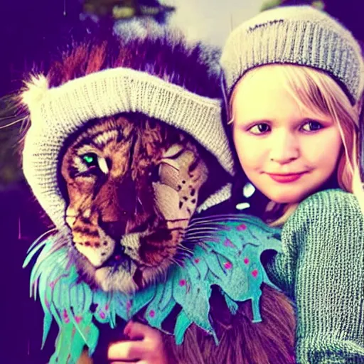 Image similar to she is a girl with a bird representing puberty on her face spots. he is used to dressing up as a tomboy and wearing a hat knitted hat, wearing green sweater, a beautiful blonde hair makes him look like a little lion with brute force.