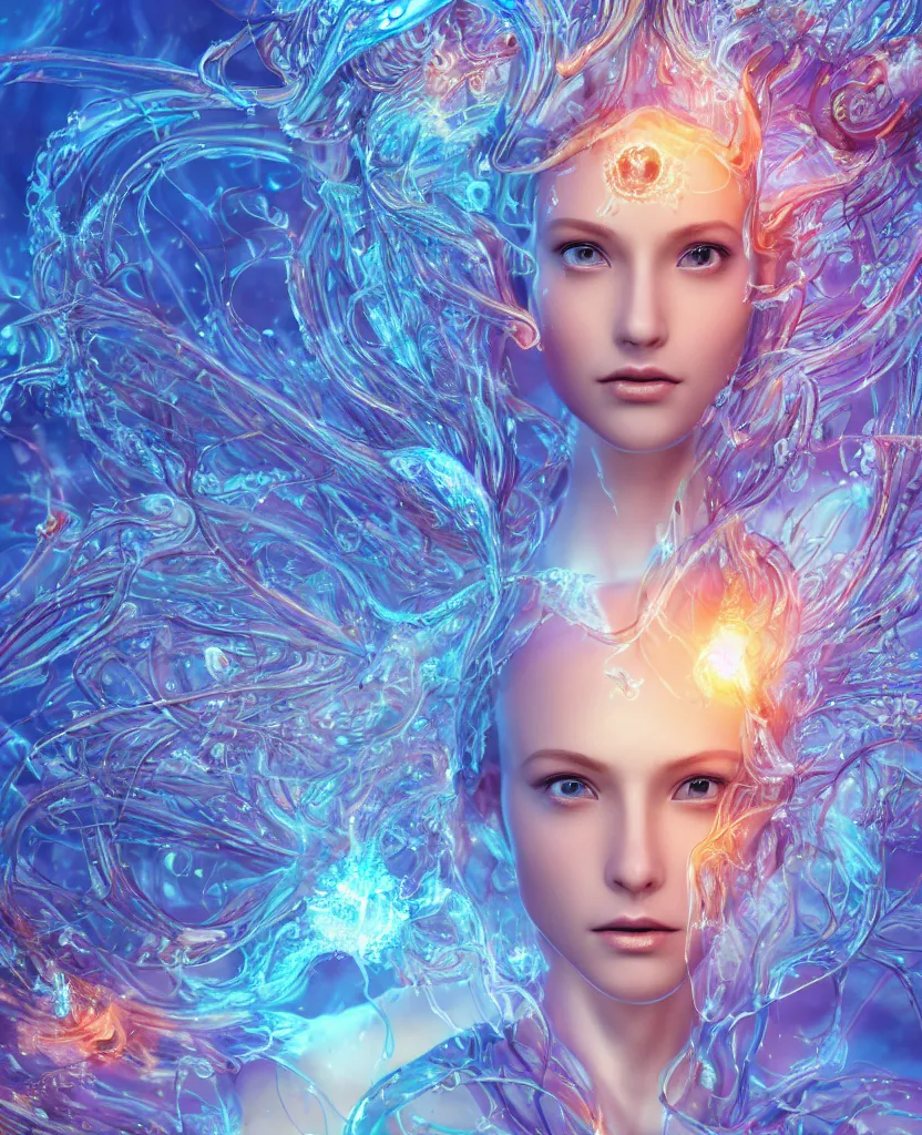 Image similar to close-up macro portrait of the face of a beautiful princess, epic angle and pose, symmetrical artwork, 3d with depth of field, blurred background, cybernetic jellyfish female face skull phoenix bird, translucent, nautilus, energy flows of water and fire. a highly detailed epic cinematic concept art CG render. made in Maya, Blender and Photoshop, octane render, excellent composition, cinematic dystopian brutalist atmosphere, dynamic dramatic cinematic lighting, aesthetic, very inspirational, arthouse. y Greg Rutkowski, Ilya Kuvshinov, WLOP, Stanley Artgerm Lau, Ruan Jia and Fenghua Zhong