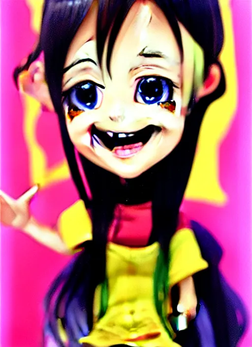 Prompt: a hyperrealistic oil panting of a kawaii anime girl figurine caricature with a big dumb grin featured on nickelodeon by dave mckean