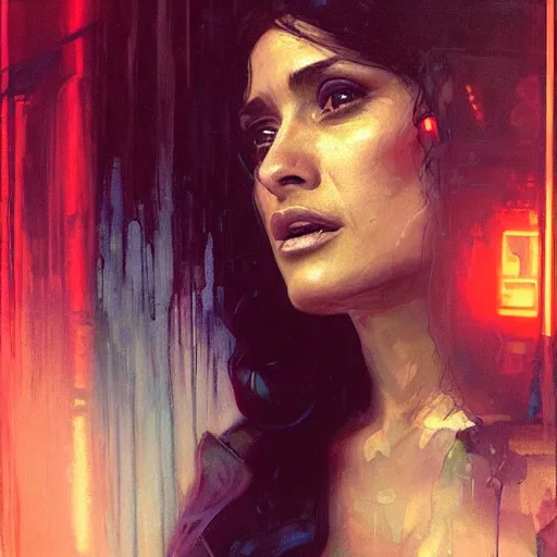 Image similar to salma hayek, hyperrealistic portrait, bladerunner street, art of elysium by jeremy mann and alphonse mucha, fantasy art, photo realistic, dynamic lighting, artstation, poster, volumetric lighting, very detailed face, 4 k, award winning