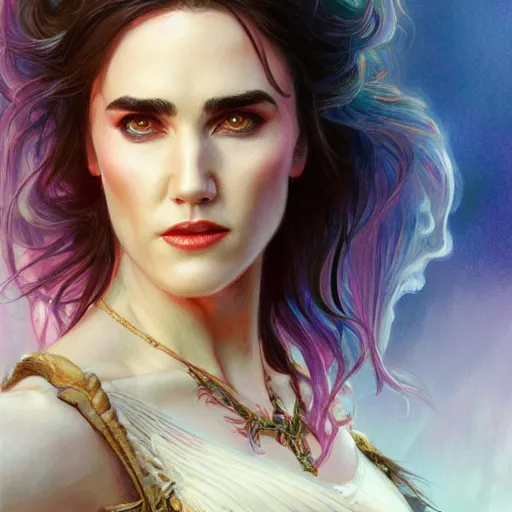 Image similar to Portrait of Jennifer Connelly as a vampire, D&D, muscular, colorful pastel fantasy, intricate, elegant, highly detailed, digital painting, artstation, concept art, smooth, sharp focus, illustration, art by artgerm and greg rutkowski and alphonse mucha