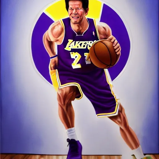 Image similar to portrait of mark wahlberg playing basketball in a lakers uniform, oil on canvas by william sidney mont, trending on art station