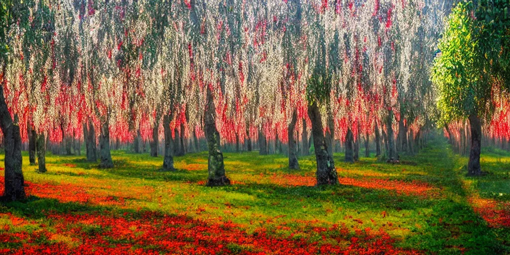 Prompt: mystical impressionistic art of a supernatural grove of incredibly tall apple trees with branches laden with red apples, trunks stretch and twine upwards forming a vast colonnades that extend out in thin rows far into the distance, rolling hillocks of lush green grass, translucent leaves forming unbroken thick canopy set alight with a fragile late-afternoon sunlight that refracts off the apples brushed pink and red with exposure, a slight mist wafts through the trunks, arthurian legend ynys afallach avalon isle of apples, by by frank lloyd wright and greg rutkowski and ruan jia, trending on Artstation deviantart