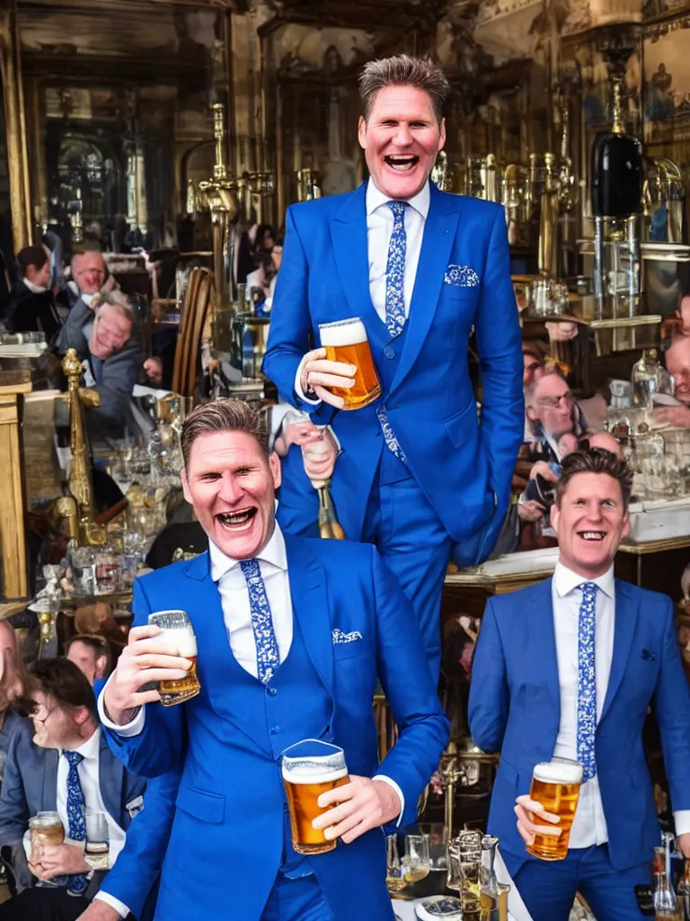 Image similar to Sir Kier Starmer wearing a blue suit laughing and drinking a big pint of lager