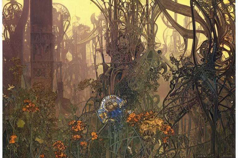 Prompt: morning autumn medievil tall crumbling smokestacks with mushroom clouds lightening in the background by alphonse mucha, rodney matthews, trending on artstation.