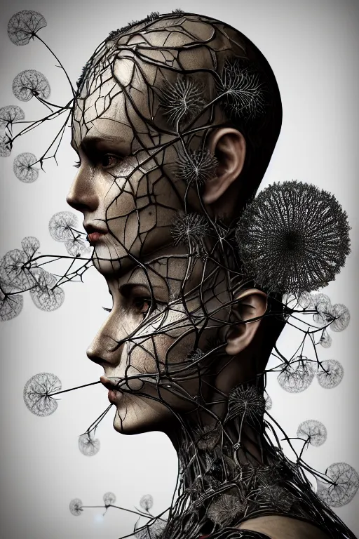 Prompt: intricate hyper detailed ultra sharp 3 d render of a witch profile close - up!!! portrait, art nouveau, alexander mcqueen, transparent fractal dandelion green ivy roots, moon in the background, intricate details, anatomical, flesh ornate, facial muscles, cable wires, elegant, hyper realistic, ultra detailed, octane render, volumetric cinematic lighting, 8 k post - production