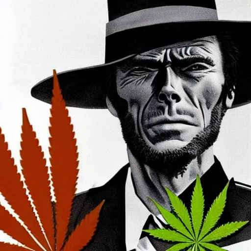 Prompt: clint eastwood made of cannabis leaves