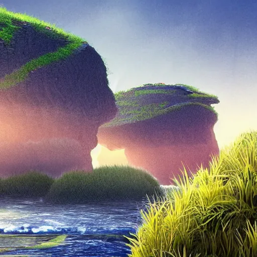 Prompt: artistic digital artwork of a lush natural scene on an alien planet. beautiful landscape by lurid ( 2 0 2 2 ). weird vegetation. cliffs and water. grainy and rough. soft interesting colour palette. beautiful light. high quality render.