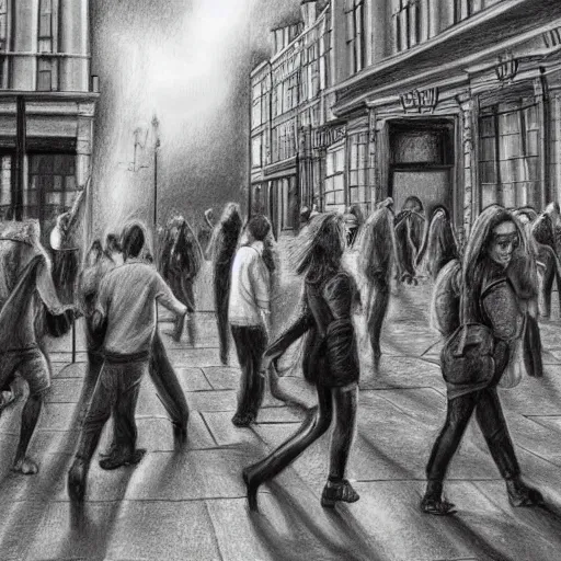Prompt: realistic drawing, London, people in the streets, wizards fighting