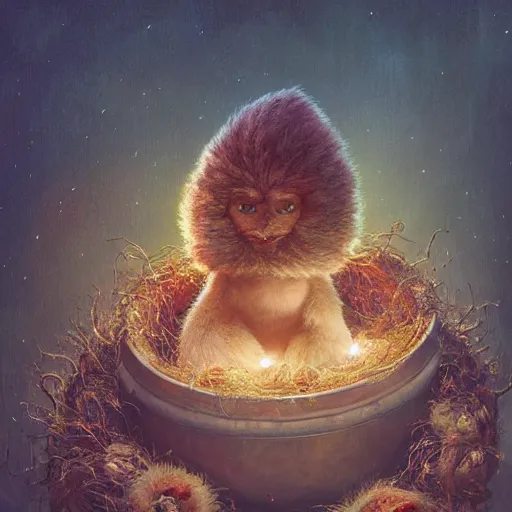 Image similar to long shot of a very furry alien chick nesting in a floral cup, esao andrews, by m. w. kaluta, humorous!!! illustration, hyperrealistic, tilt shift, warm colors, night scenery, low light, 3 d octane render, 4 k, volumetric lights, smooth, cosy atmosphere, conceptart, hyperdetailed, trending on deviantart