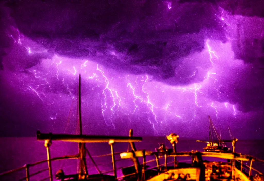 Image similar to purple color lighting storm with stormy sea, pirate ship firing its cannons real life trippy nebula sky 50mm shot fear and loathing movie