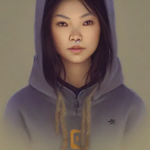 Image similar to a beautiful Filipina-Chinese woman wearing a UCR hoodie and shorts, portrait, highly detailed, digital painting, artstation, concept art, sharp focus, illustration, cinematic lighting, art by artgerm and greg rutkowski and alphonse mucha