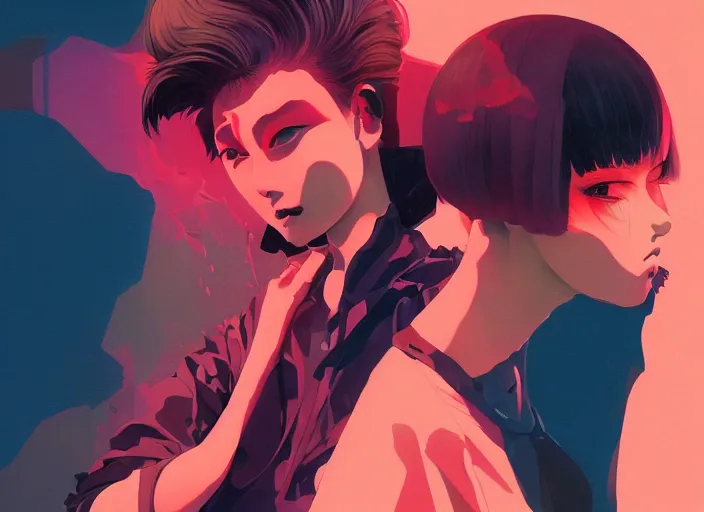 Image similar to editorial illustration by Karolis Strautniekas and Mads Berg, colorful, anime portrait vampire princess miyu, katsuhiro otomo, manga, Ilya kuvshinov,fine texture, manga shading, fine details, matte colors, film noir, dramatic lighting, dynamic composition, moody, vivid, volumetric,Narumi Kakinouchi