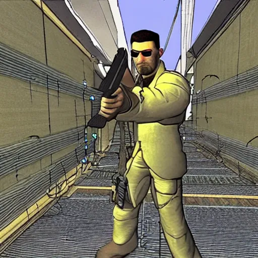 Prompt: a screenshot of Gordon Freeman in The Matrix (1999)