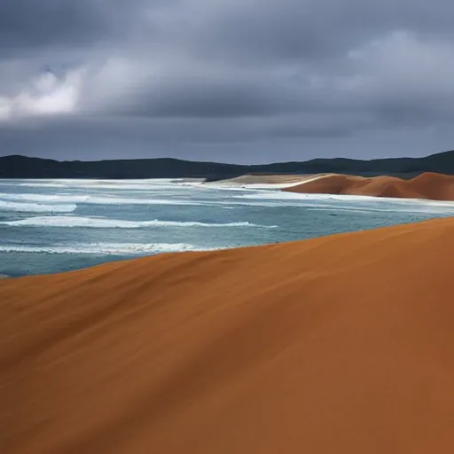 Prompt: sandboarding sandhills and seascape hokianga, cinematic composition, wide shot, digital art