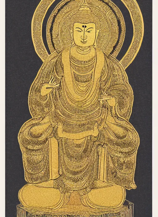 Image similar to detailed pen and ink illustration of a Buddhist bodhisattva with a bears head, seated in royal ease, 0.2 black micron pen on white paper, gilded gold halo behind head, highly detailed, fine pen work, white background, in the style of Olivia Kemp