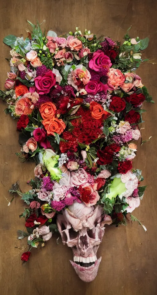 Image similar to Professional floral arrangement of human flesh, bones, rotten meat