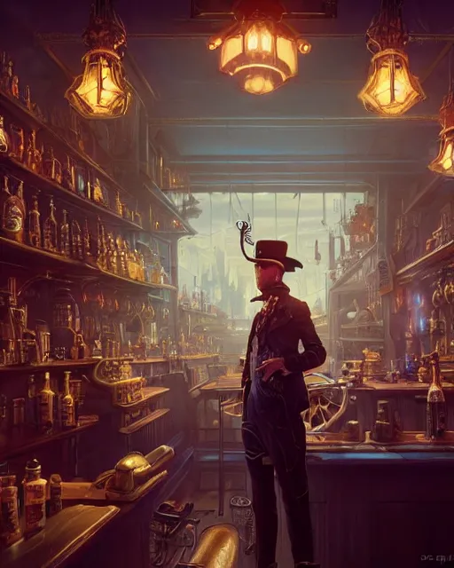 Prompt: highly detailed surreal vfx portrait of a steampunk cowboy in a cyberpunk saloon, stephen bliss, unreal engine, greg rutkowski, loish, rhads, beeple, makoto shinkai and lois van baarle, ilya kuvshinov, rossdraws, tom bagshaw, alphonse mucha, global illumination, detailed and intricate environment