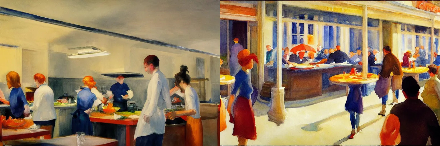 Prompt: high-angle view of restaurant kitchen and it’s chefs, motion blur of people walking, impressionist watercolor, cinematic lighting, by Edward Hopper, overheard camera view of kitchen, by Jean Giraud, white background