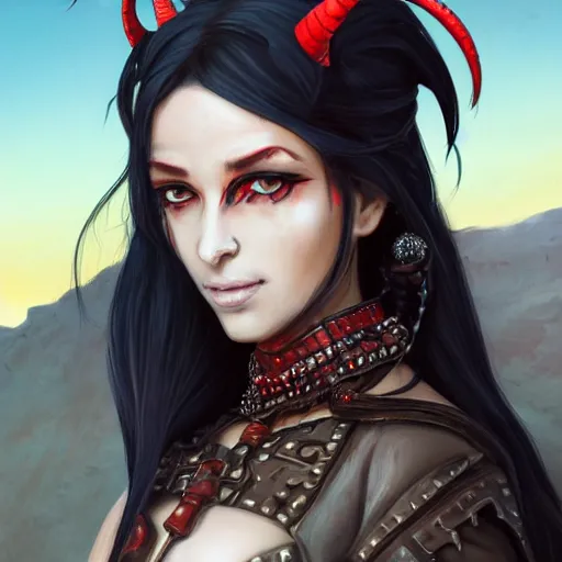 Prompt: portrait of a berber tiefling woman with devil horns and black hair in a ponytail wearing a steel chestplate in a desert, half body, single subject, ambient lighting, highly detailed, digital painting, trending on pixiv fanbox, studio ghibli, extremely high quality artwork, art by ross tran and artgerm and makoto shinkai