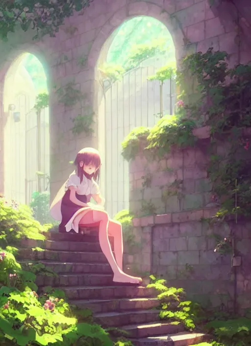 Image similar to girl sitting on a stair where there is an arched shed above, many green plant and flower gowing on it, illustration concept art anime key visual trending pixiv fanbox by wlop and greg rutkowski and makoto shinkai and studio ghibli