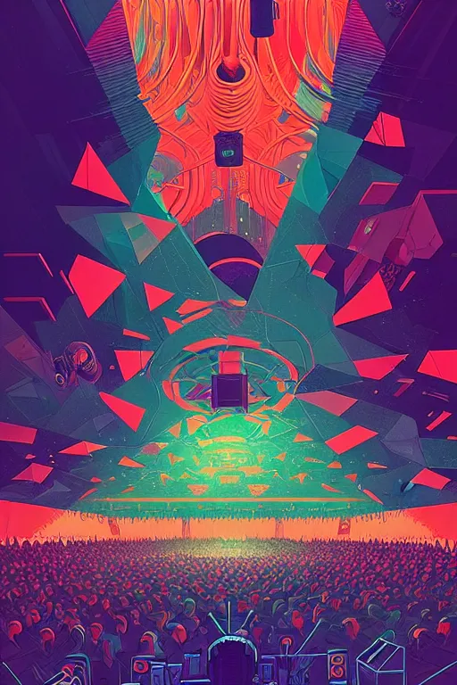 Image similar to giant concert festival truss with professional loud speakers, wall of sound, music recording studio, poster art by victo ngai, ori toor, kilian eng behance contest winner, crystal cubism, poster art, cubism, tarot card, psychedelic art, concert poster, poster art, maximalist