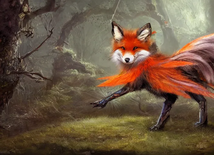 Prompt: ashigaru steampunk - inspired feathered fox, colorful plumage, lacquered armor, cute but determined, hard focus, art station, by jessica rossier and brian froud, cinematic fantasy painting, orange grey white, in a woodland glade