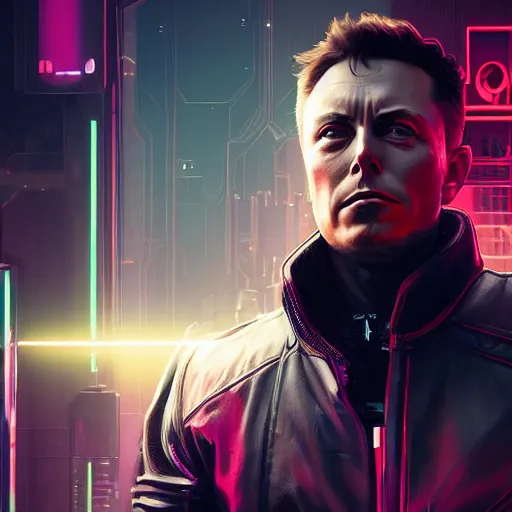 Image similar to ominous, imposing portrait of Elon Musk as a cyberpunk 2077 loading screen, imposing, symmetry, front view, intricate, studio, art by anthony macbain + greg rutkowski + alphonse mucha, concept art, 4k, sharp focus