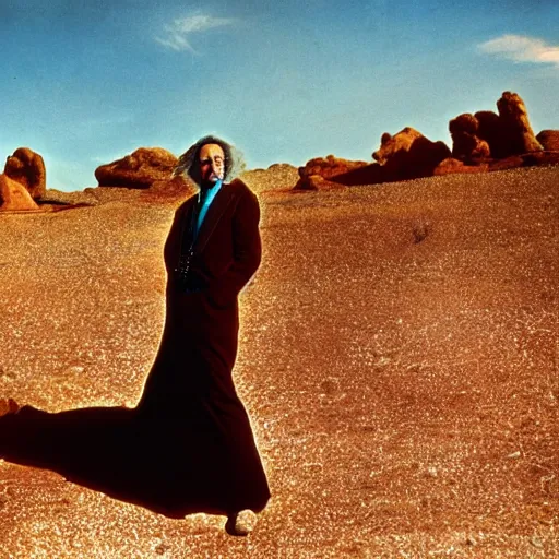 Prompt: salvador dali wearing a golden dress with jewels in a dry rocky desert landscape, visible sky and sunny atmosphere, film still from the movie by alejandro jodorowsky with cinematogrophy of christopher doyle and art direction by hans giger, anamorphic lens, kodakchrome, very detailed photo, 8 k