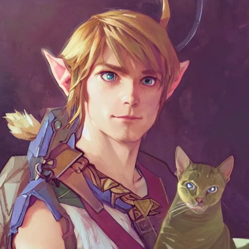 Prompt: Stunning portrait of Link from the Legend of the Zelda with cat ears. Art by Greg Rutkowski and Alphonse Mucha