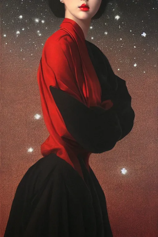 Prompt: hyperrealism oil painting, close - up fashion portrait of woman face in black robe, soft light, soft colors, red silk pattern mixed with star sky in front, in style of classicism mixed with 7 0 s japanese sci - fi book art