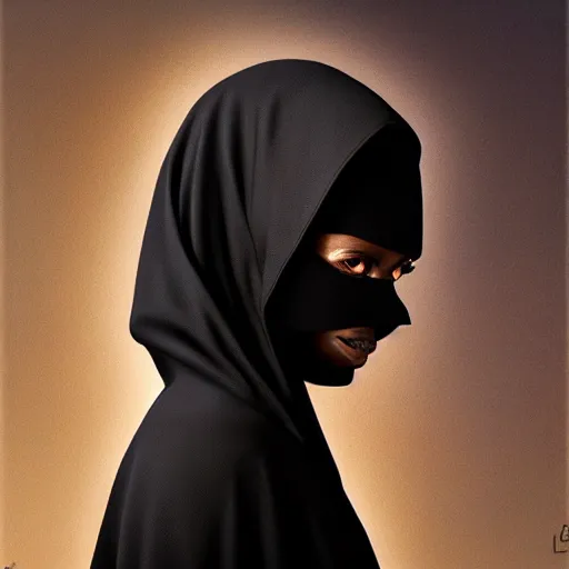 Image similar to a portrait of a young black woman wearing a long dark cloak, hood and shadows covering face, anatomically correct, beautiful perfect face, enigmatic, oil painting, matte painting, black background, Volumetric dynamic lighting, Highly Detailed, Cinematic Lighting, Unreal Engine, 8k, HD, by Beksinski