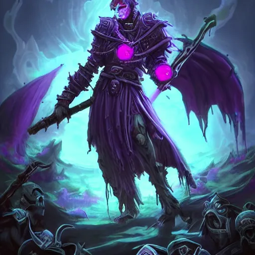 Prompt: a necromancer holding a bone staff, an army of undead rising from the ground in the background, violet theme, hearthstone art style, epic fantasy style art, fantasy epic digital art, epic fantasy card game art