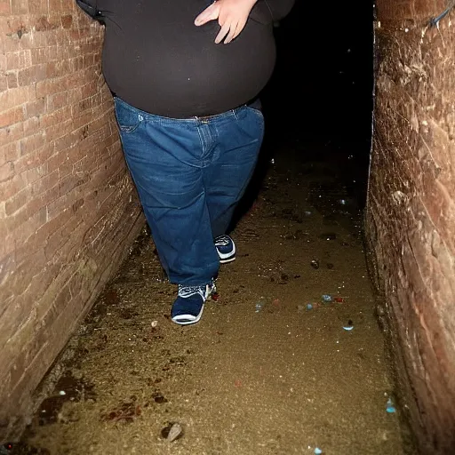 Image similar to flash photography of chubby 18 year old teenage boy with long curly brown hair vomiting in a basement. he is vomiting all over himself. Disgusting mess