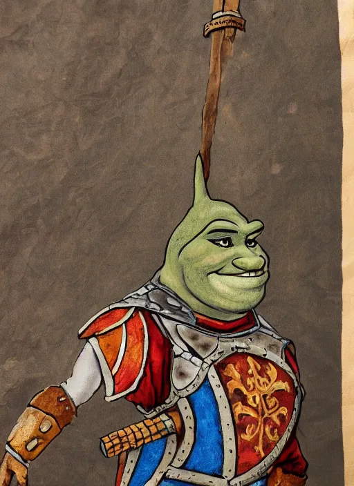 Image similar to medival scroll painting of a Shrek in armour from Shrek the movie, fine detail,